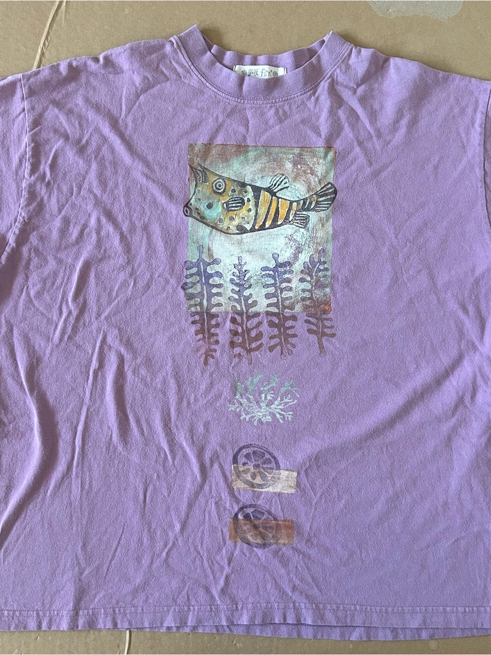 Vintage 90s Blue Fish Brand Purple Oversized T-shirt Organic Cotton Lagenlook XL